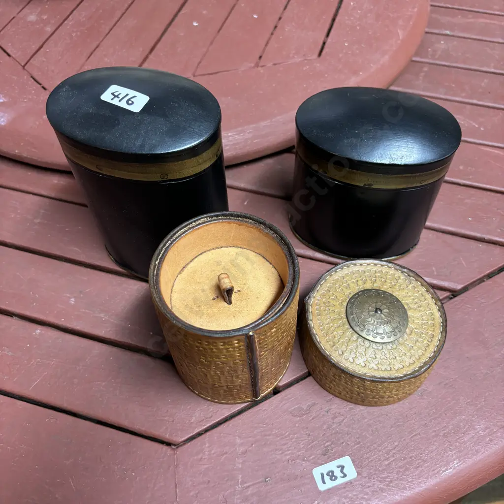 Two Metal Ash Pots with Vintage hand tooled Leather Pouch Pot Image 1++
