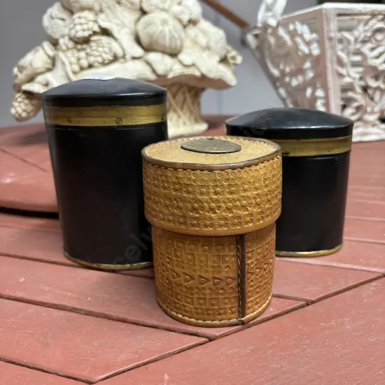 Two Metal Ash Pots with Vintage hand tooled Leather Pouch Pot