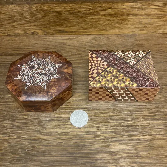 Walnut Trinket Box With Mother Of Pearl Inlay & Hinged Lid, Aus 1979 50 Cents, Lacquered Lidded Trinket Box