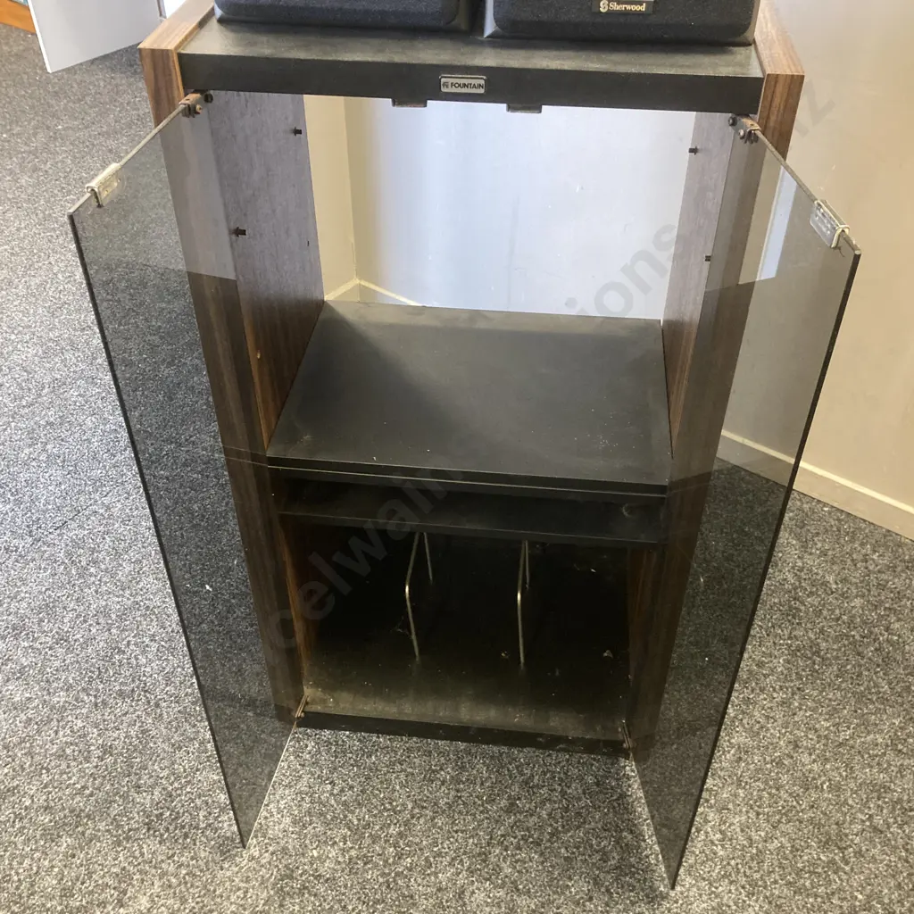 Pair of Sherwood DSS-260G Bookshelf Speakers - 50 Watts / 8 Ohms & Retro Fountain Stereo Cabinet With Glass Door Image 1++