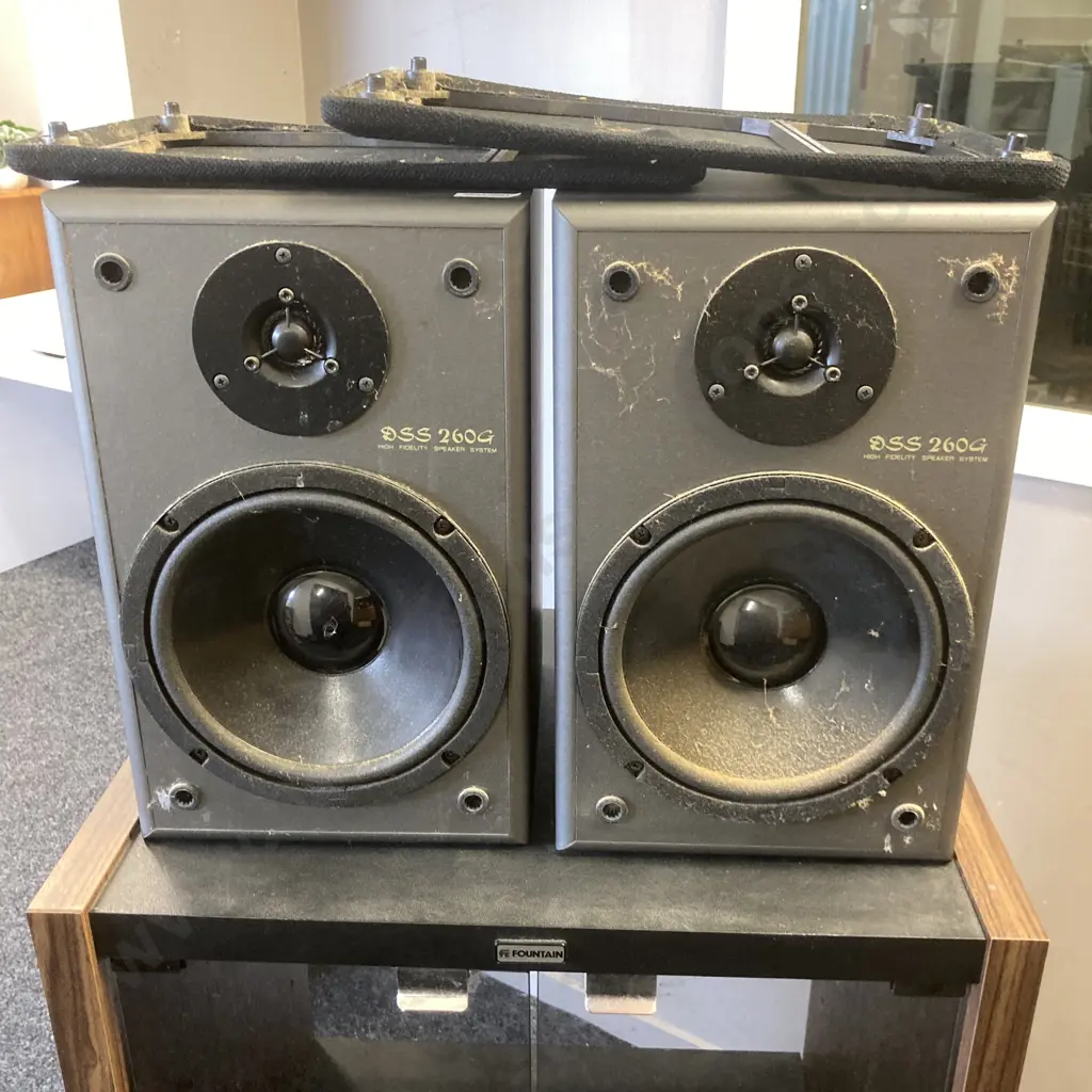 Pair of Sherwood DSS-260G Bookshelf Speakers - 50 Watts / 8 Ohms & Retro Fountain Stereo Cabinet With Glass Door Image 1++