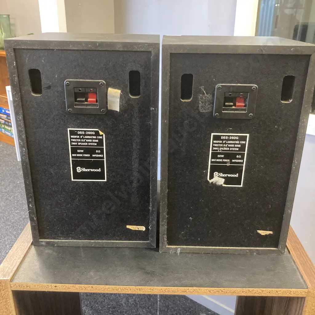 Pair of Sherwood DSS-260G Bookshelf Speakers - 50 Watts / 8 Ohms & Retro Fountain Stereo Cabinet With Glass Door Image 1++