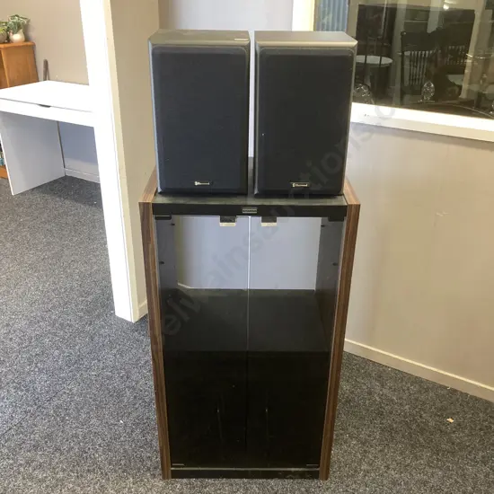 Pair of Sherwood DSS-260G Bookshelf Speakers - 50 Watts / 8 Ohms & Retro Fountain Stereo Cabinet With Glass Door