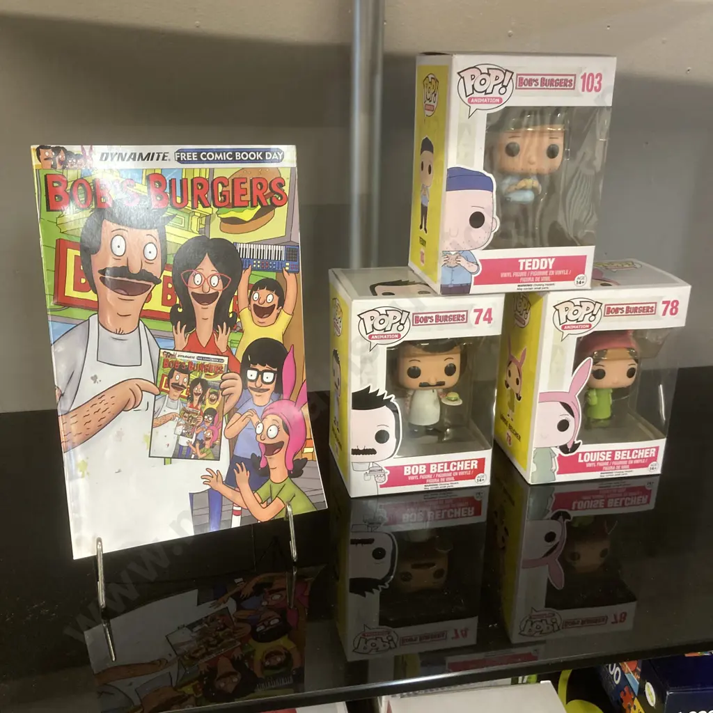 Funko Pop! Bobs Burgers Bob Belcher #74, Louis Belcher #78, Teddy #103 Vaulted & Bob's Burgers Dynamite Comics FCBD 2015 Image 1++