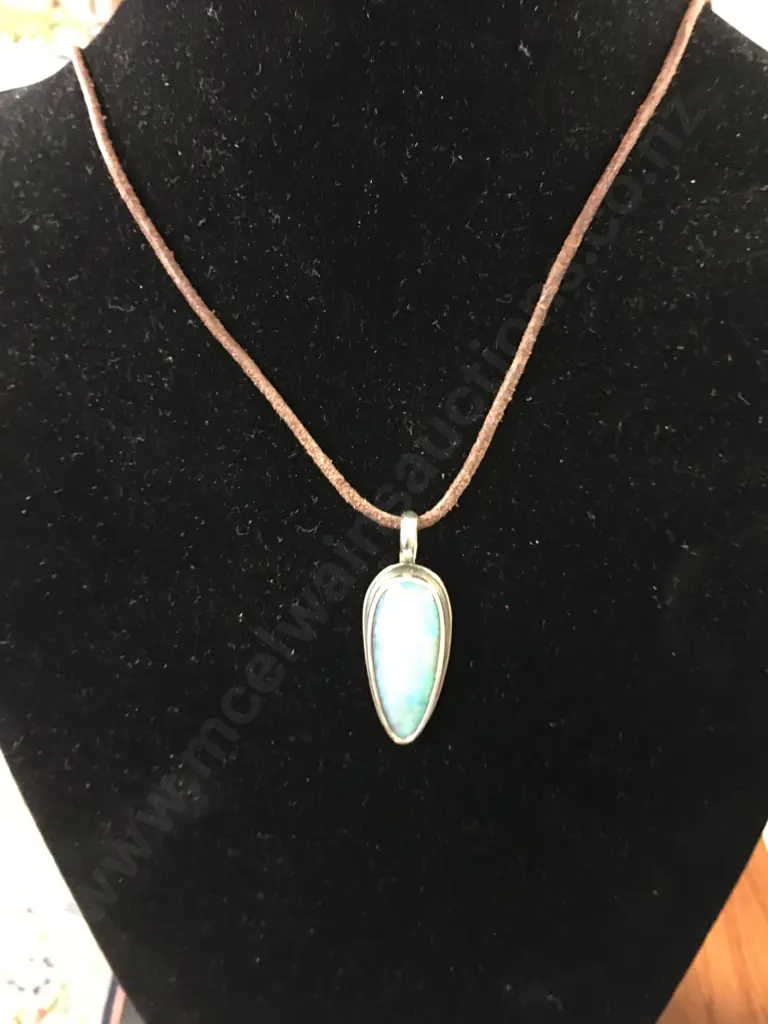 Stamped 925 Opal Pendant On Leather Necklace Image 1++
