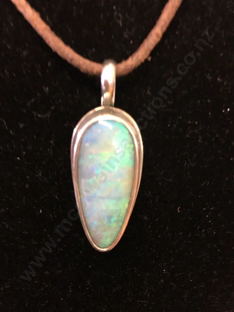Stamped 925 Opal Pendant On Leather Necklace Image 1++