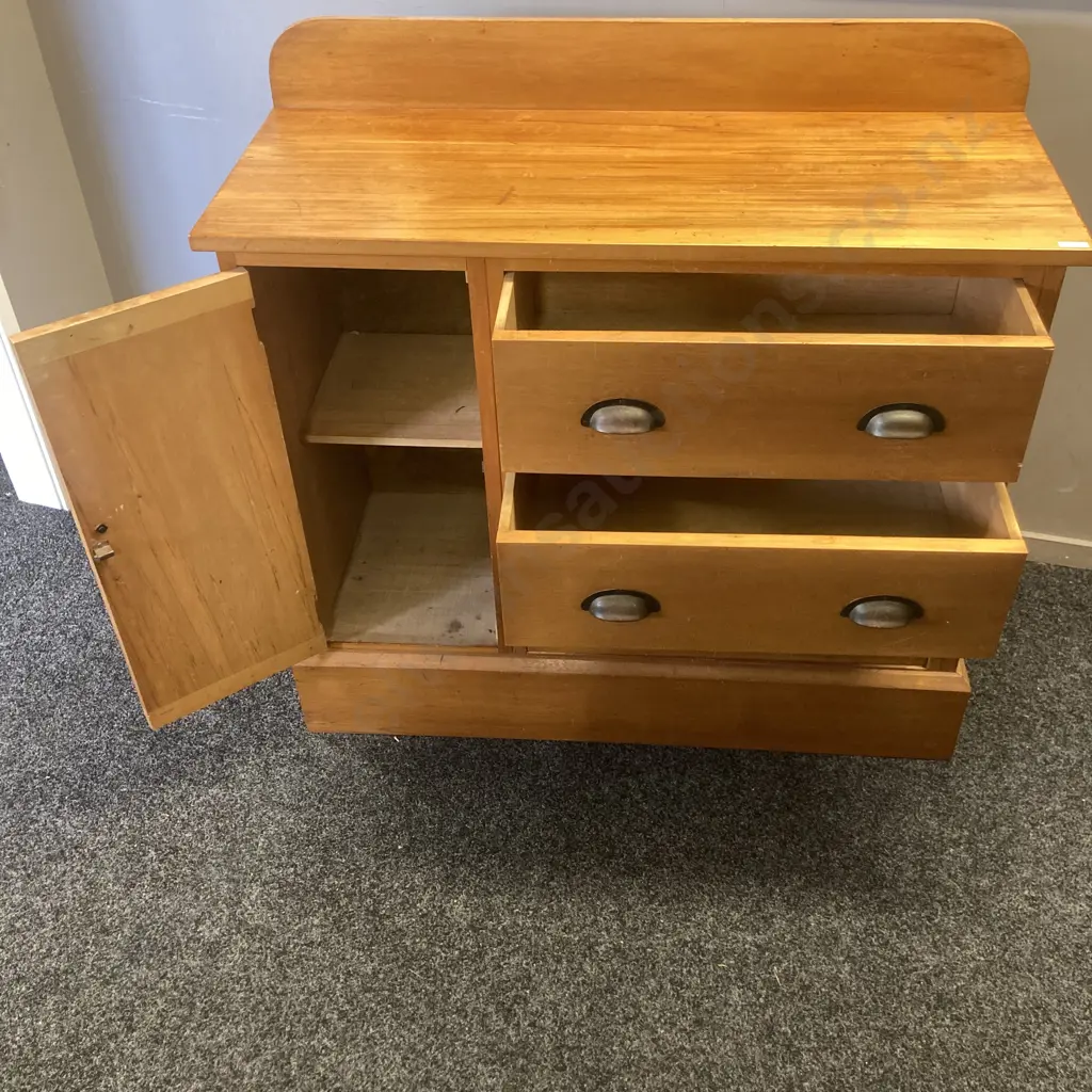 Vintage Rimu Sideboard, Metal Drawer Pulls. H100 W104 D41cm Image 1++