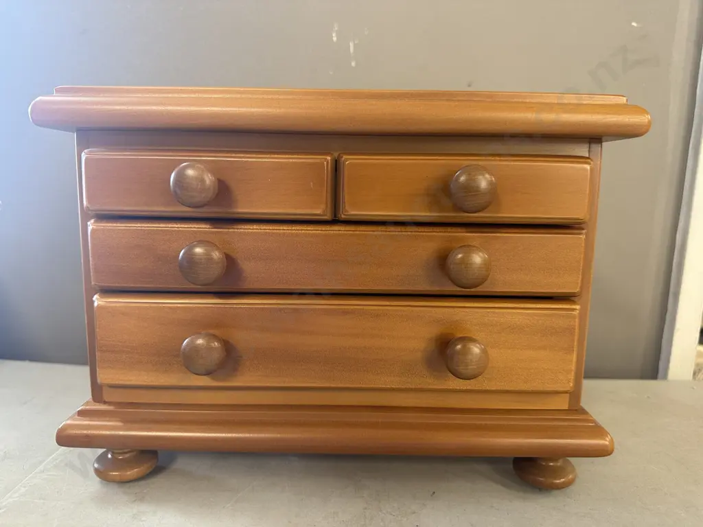 Kauri Footed Three Drawer Jewellery Box H21,W30,D18cm. Image 1++