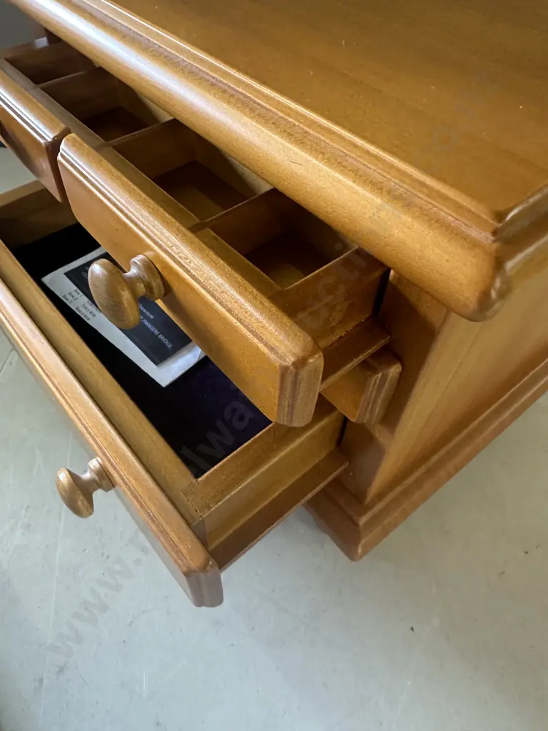 Kauri Footed Three Drawer Jewellery Box H21,W30,D18cm. Image 1++