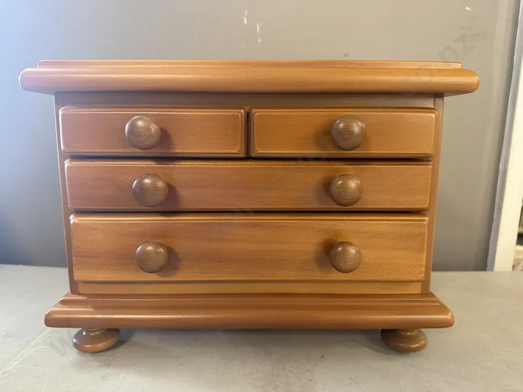 Kauri Footed Three Drawer Jewellery Box H21,W30,D18cm. Image 1++