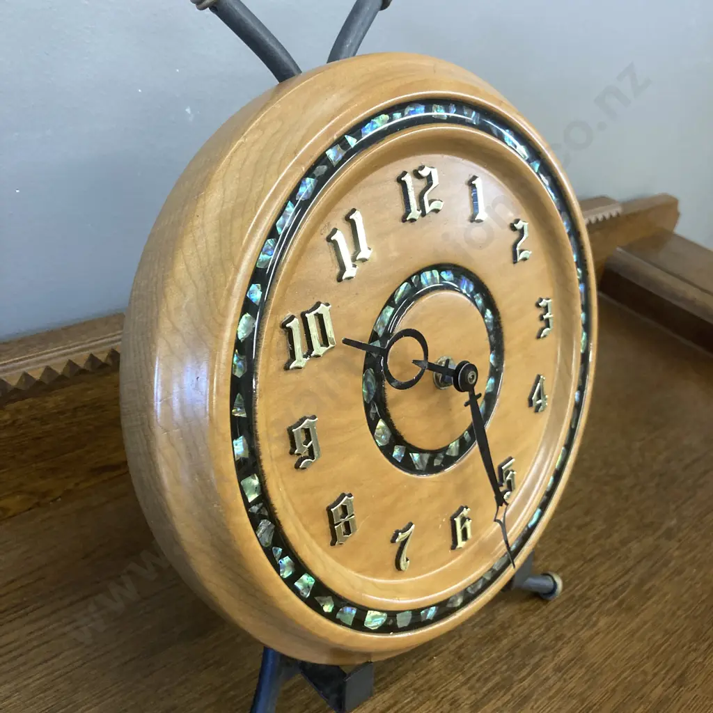 Kauri Wall Clock With Paua Inlay, Battery Operated. Dia 25cm Image 1++