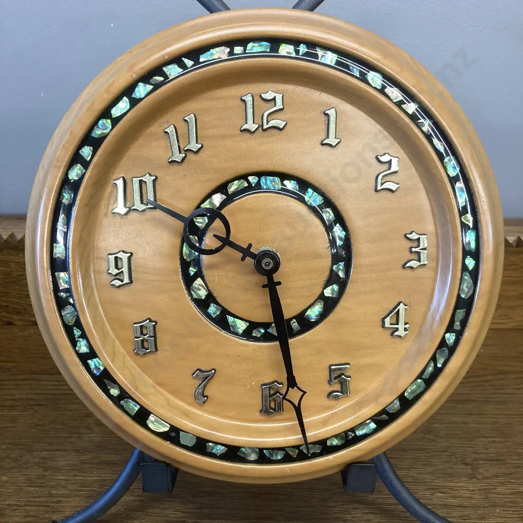 Kauri Wall Clock With Paua Inlay, Battery Operated. Dia 25cm Image 1++