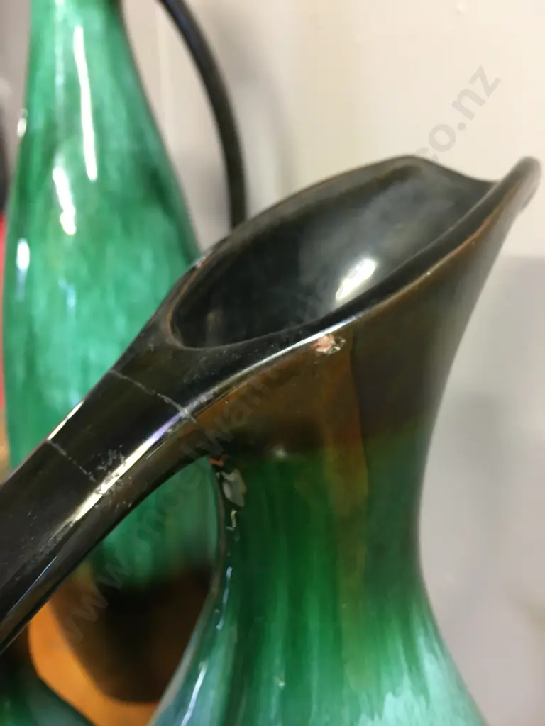 Blue Mountain Pottery Green Drip Glaze Graduated Pitchers, BMP On Base & Label On Base. H33 & 18cm Image 1++