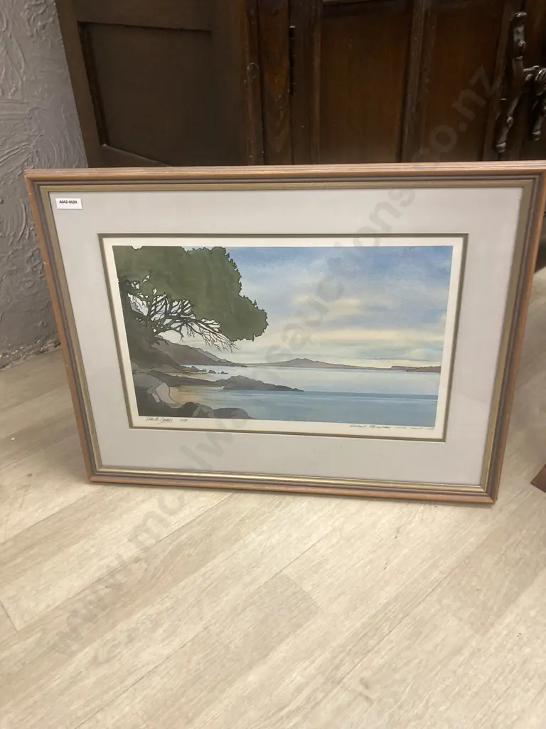 "Distant Rangitoto" North Island NZ Signed Limited Edition Print 21/38, Framed Glazed. 44 x 58cm Image 1++