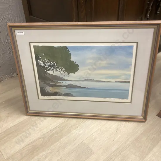 "Distant Rangitoto" North Island NZ Signed Limited Edition Print 21/38, Framed Glazed. 44 x 58cm