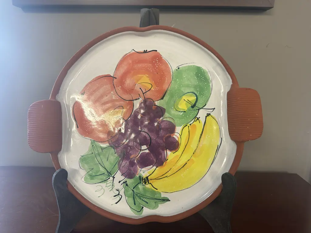 Vintage Terracotta Pottery Double Handled Plate by Val McArthur, Hand Painted by Sue Moore, With Stand. Dia 35cm Image 1++