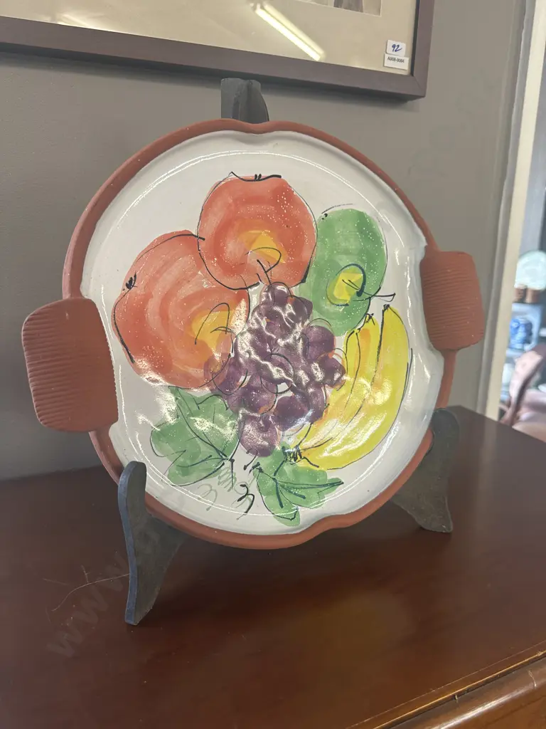 Vintage Terracotta Pottery Double Handled Plate by Val McArthur, Hand Painted by Sue Moore, With Stand. Dia 35cm Image 1++