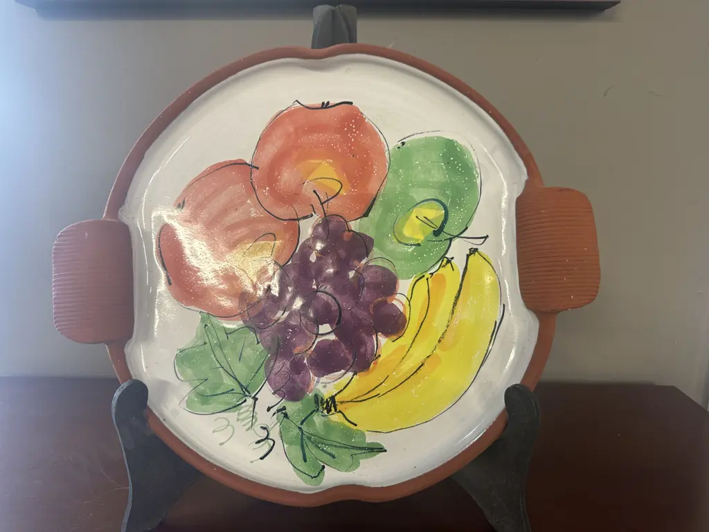 Vintage Terracotta Pottery Double Handled Plate by Val McArthur, Hand Painted by Sue Moore, With Stand. Dia 35cm Image 1++