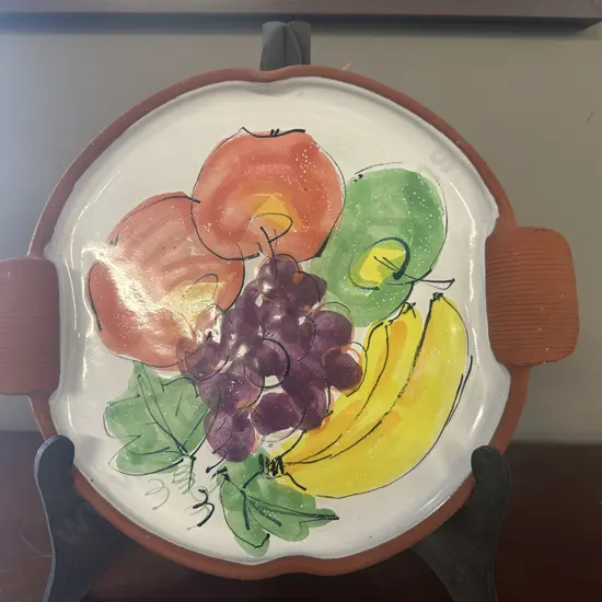 Vintage Terracotta Pottery Double Handled Plate by Val McArthur, Hand Painted by Sue Moore, With Stand. Dia 35cm