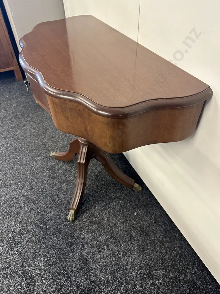 Mahogany 1/2 Round Table With Drawer, Bevelled Edge, Single Pedestal to Brass Claw Feet. H65 W83 D39.5cm Image 1++