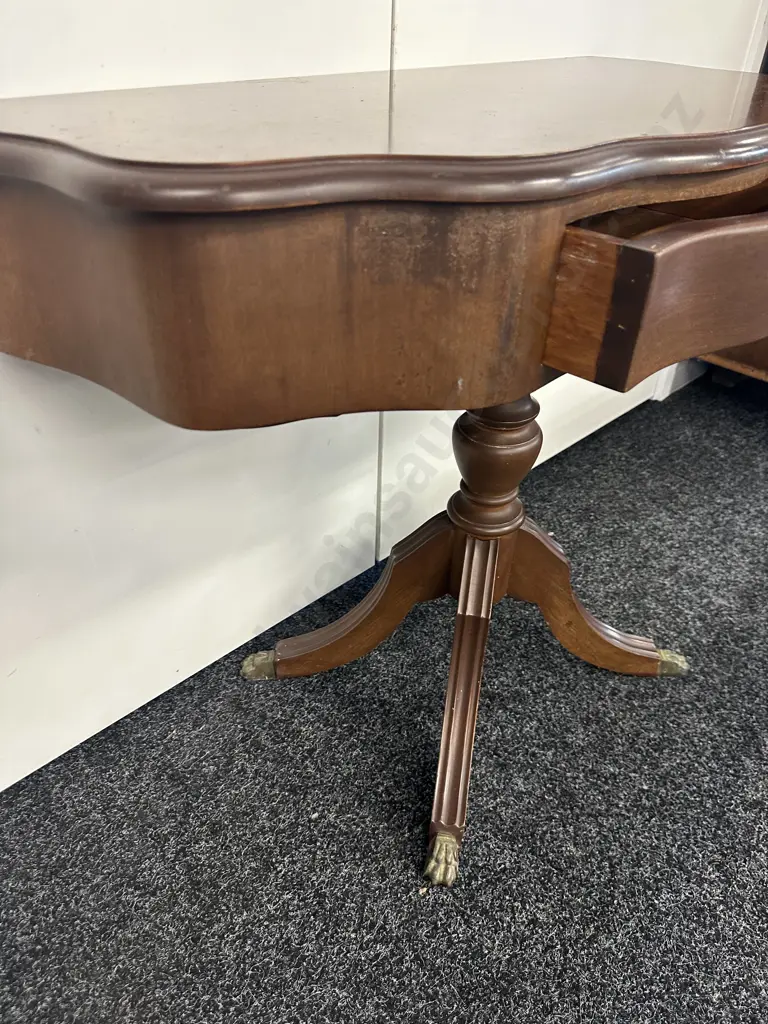 Mahogany 1/2 Round Table With Drawer, Bevelled Edge, Single Pedestal to Brass Claw Feet. H65 W83 D39.5cm Image 1++