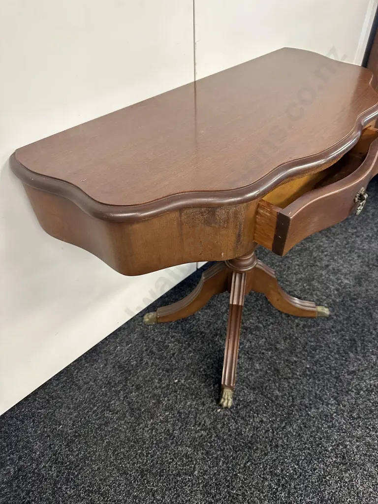 Mahogany 1/2 Round Table With Drawer, Bevelled Edge, Single Pedestal to Brass Claw Feet. H65 W83 D39.5cm Image 1++