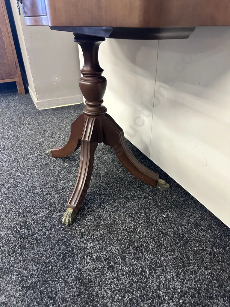 Mahogany 1/2 Round Table With Drawer, Bevelled Edge, Single Pedestal to Brass Claw Feet. H65 W83 D39.5cm Image 1++