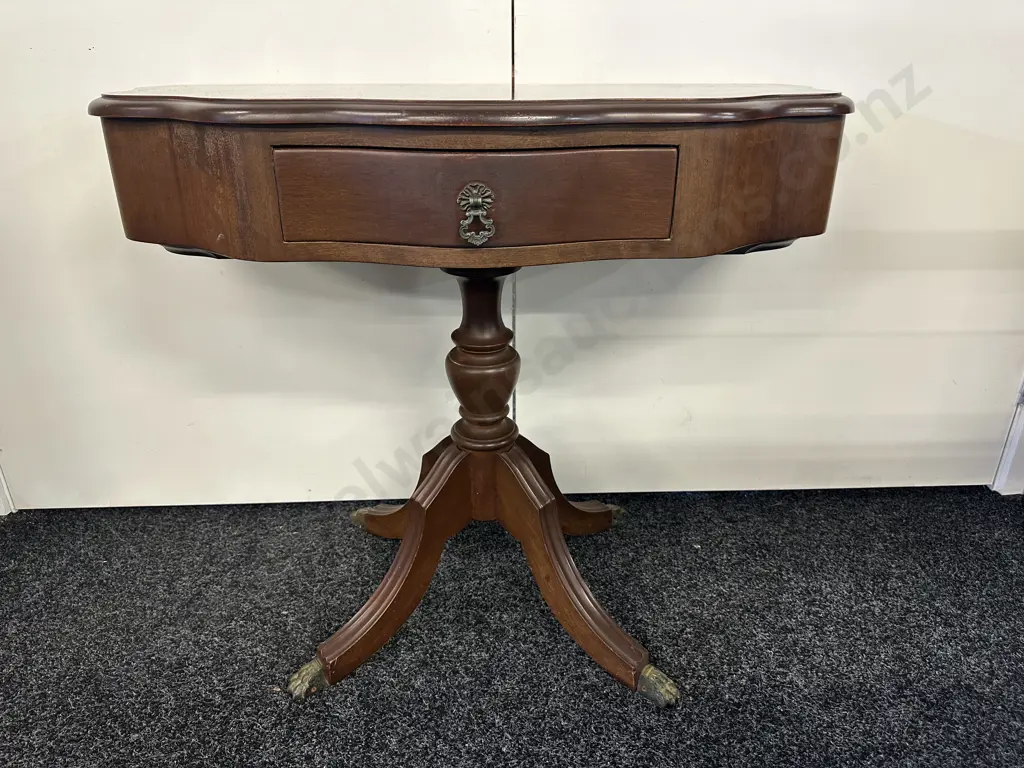 Mahogany 1/2 Round Table With Drawer, Bevelled Edge, Single Pedestal to Brass Claw Feet. H65 W83 D39.5cm Image 1++