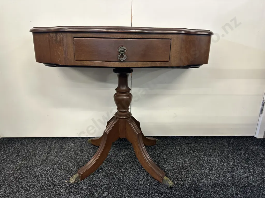 Mahogany 1/2 Round Table With Drawer, Bevelled Edge, Single Pedestal to Brass Claw Feet. H65 W83 D39.5cm Image 1++