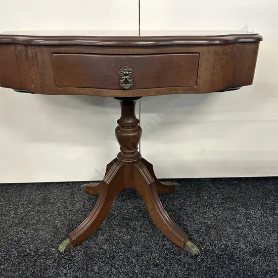 Mahogany 1/2 Round Table With Drawer, Bevelled Edge, Single Pedestal to Brass Claw Feet. H65 W83 D39.5cm
