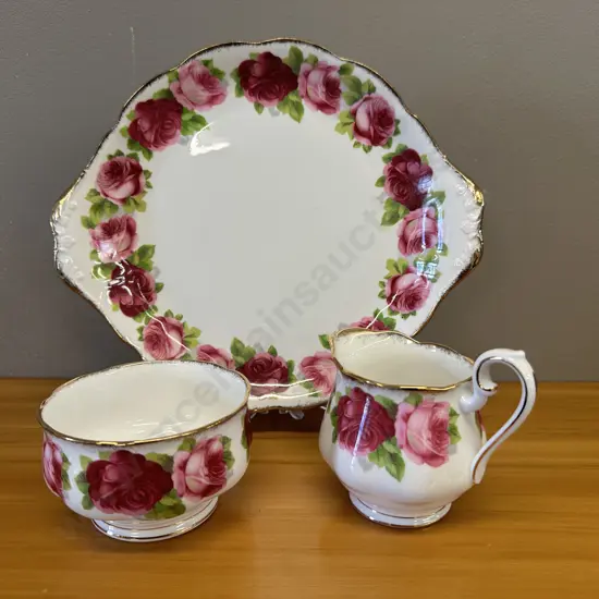 Vintage Royal Albert Old English Rose  - Cake Plate, 26.5cm With Creamer & Sugar Bowl
