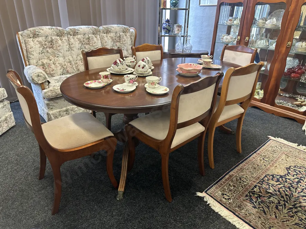 Mahogany Oval Extension Table, Double Pedestal With Brass Claw Feet, H71 W176 D99cm. 6 x Cream Draylon Dining Chairs Image 1++