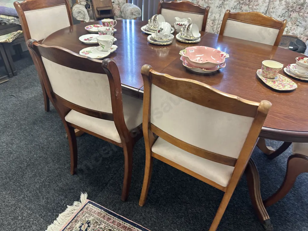 Mahogany Oval Extension Table, Double Pedestal With Brass Claw Feet, H71 W176 D99cm. 6 x Cream Draylon Dining Chairs Image 1++
