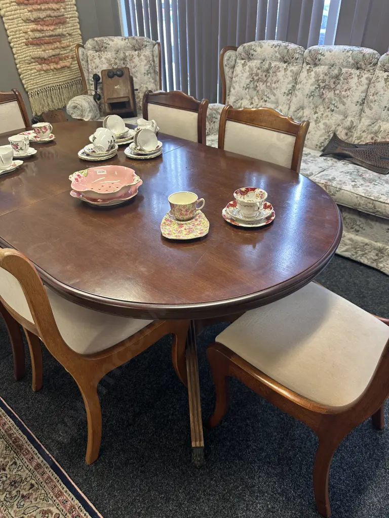 Mahogany Oval Extension Table, Double Pedestal With Brass Claw Feet, H71 W176 D99cm. 6 x Cream Draylon Dining Chairs Image 1++