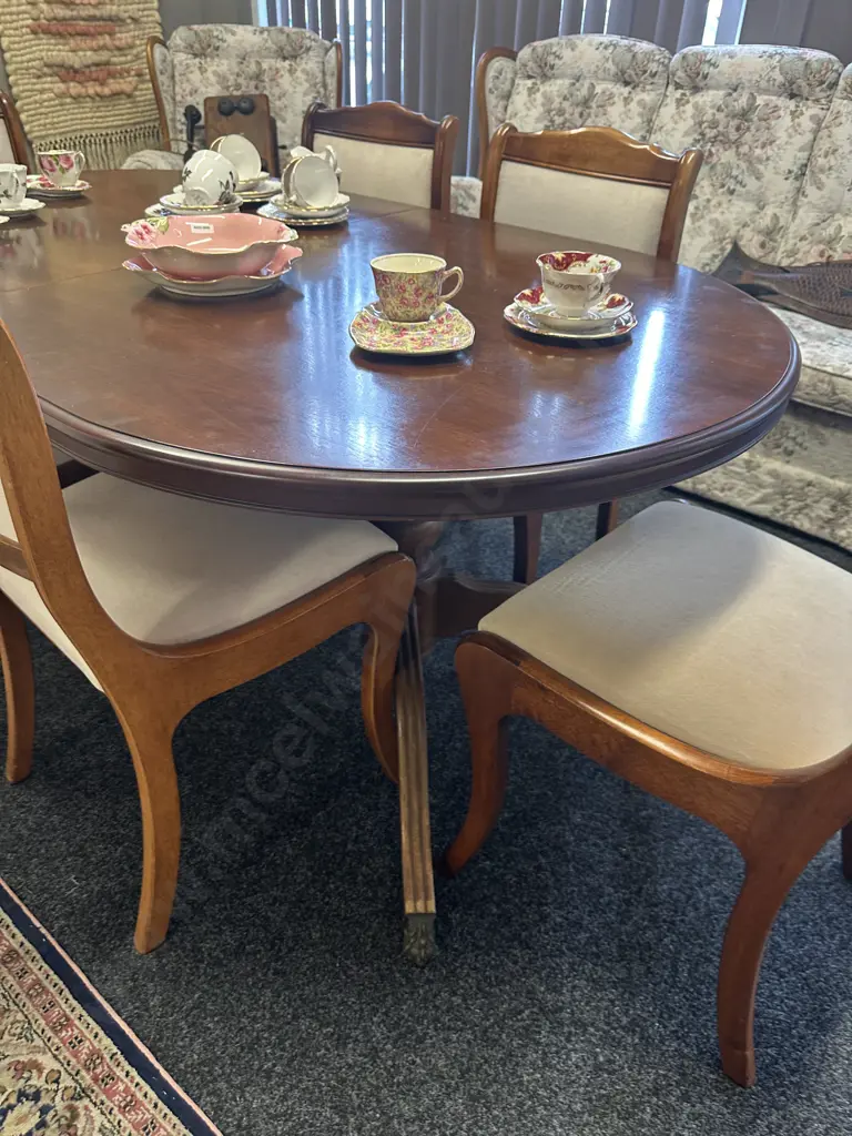 Mahogany Oval Extension Table, Double Pedestal With Brass Claw Feet, H71 W176 D99cm. 6 x Cream Draylon Dining Chairs Image 1++