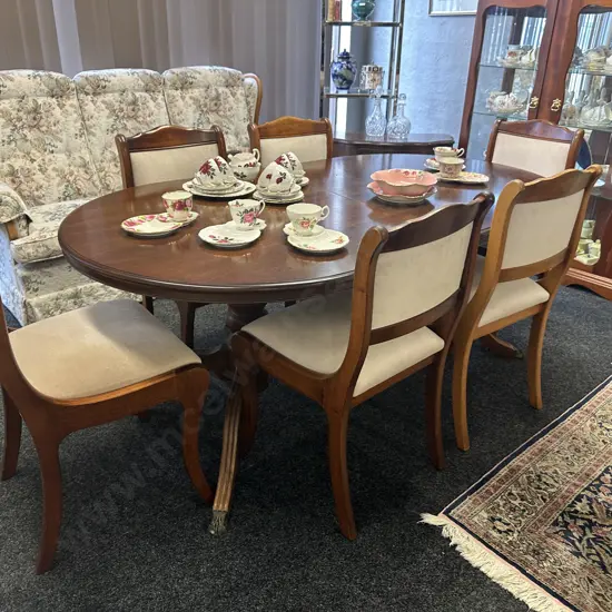 Mahogany Oval Extension Table, Double Pedestal With Brass Claw Feet, H71 W176 D99cm. 6 x Cream Draylon Dining Chairs