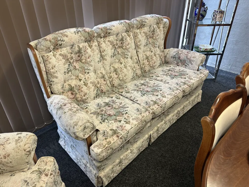 Floral Upholstered Mahogany Trimmed Wingback Lounge Suite Image 1++