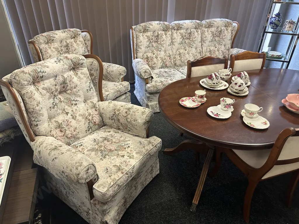 Floral Upholstered Mahogany Trimmed Wingback Lounge Suite Image 1++