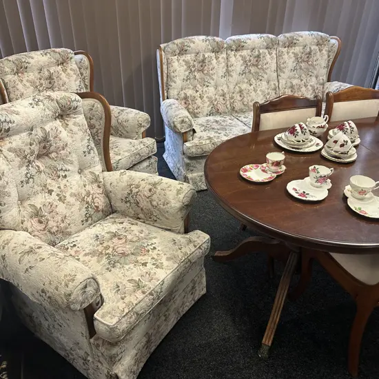 Floral Upholstered Mahogany Trimmed Wingback Lounge Suite
