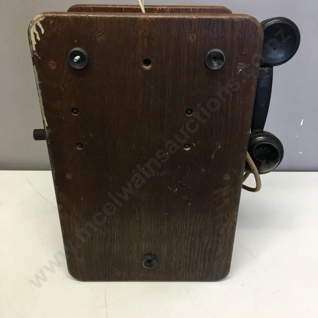   Vintage Rectangular Shaped Wooden 'Ericsson England' Wall Mounted Telephone With Bells, Door Hinged & Wooden Shelf Image 1++