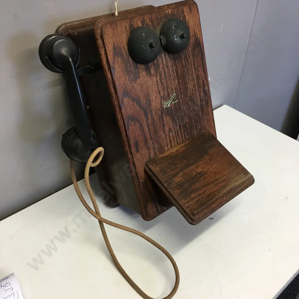   Vintage Rectangular Shaped Wooden 'Ericsson England' Wall Mounted Telephone With Bells, Door Hinged & Wooden Shelf Image 1++