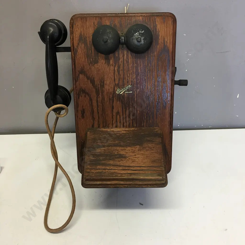   Vintage Rectangular Shaped Wooden 'Ericsson England' Wall Mounted Telephone With Bells, Door Hinged & Wooden Shelf Image 1++