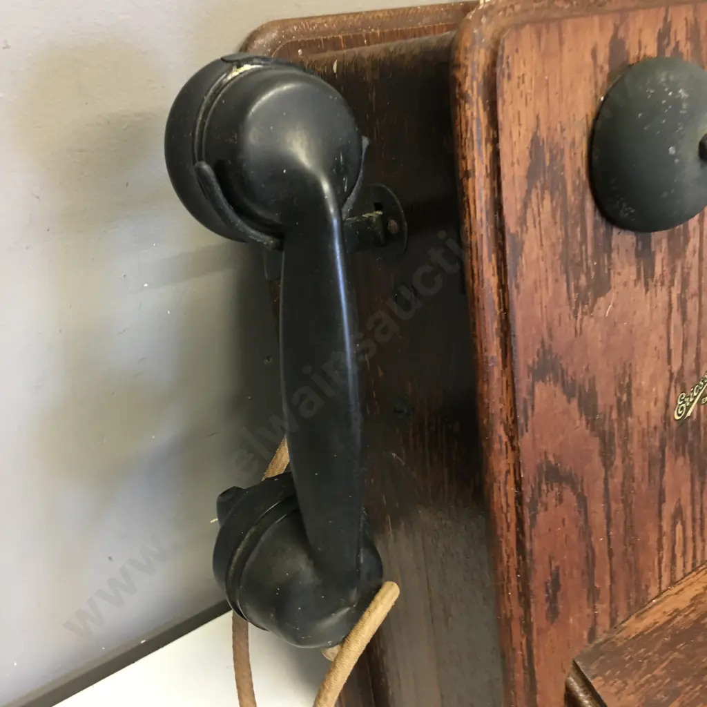   Vintage Rectangular Shaped Wooden 'Ericsson England' Wall Mounted Telephone With Bells, Door Hinged & Wooden Shelf Image 1++