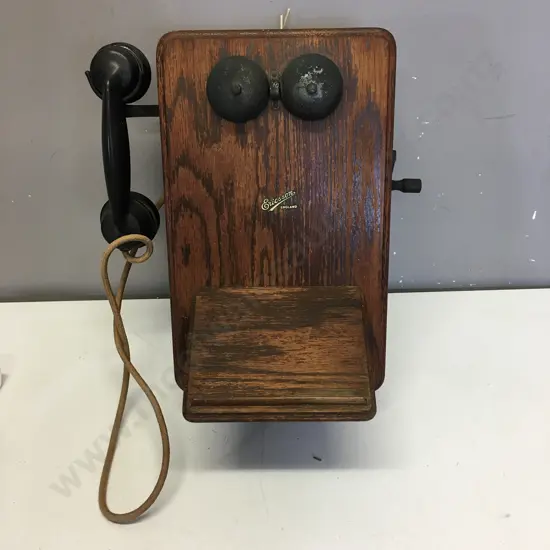   Vintage Rectangular Shaped Wooden 'Ericsson England' Wall Mounted Telephone With Bells, Door Hinged & Wooden Shelf