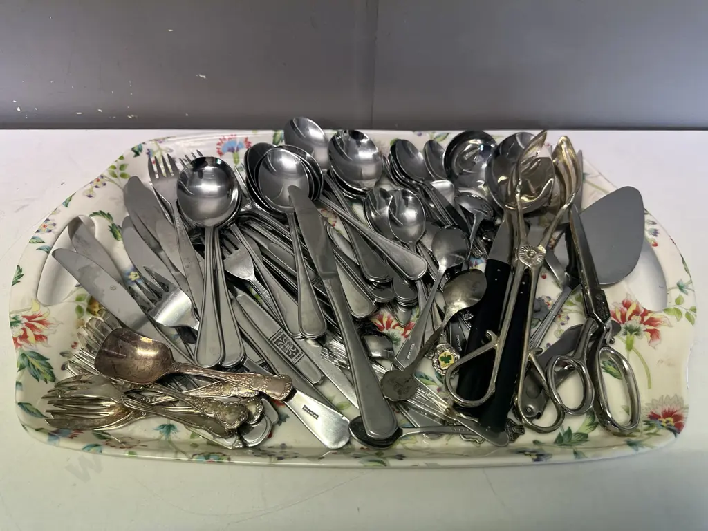 Assorted Cutlery, Scissors Etc On Vintage Serving Tray Image 1++