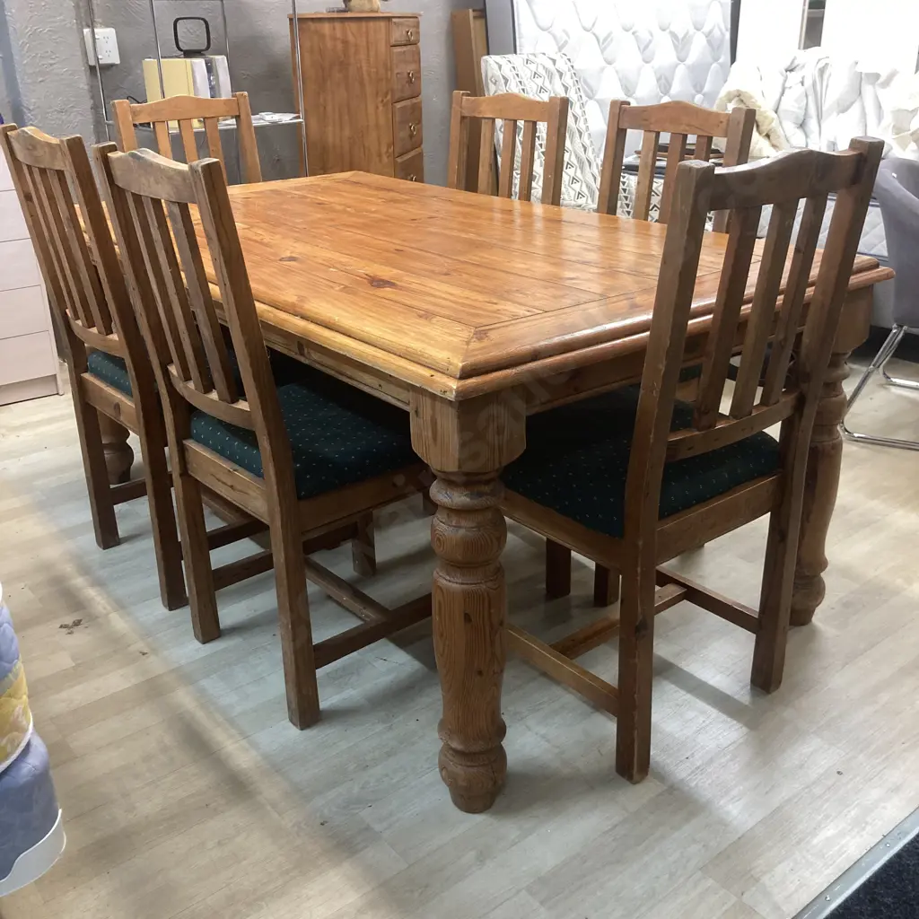 Rustic Pine Dining Table, H76 W180 D100cm, With 6 Green Fabric Upholstered Dining Chairs Image 1++