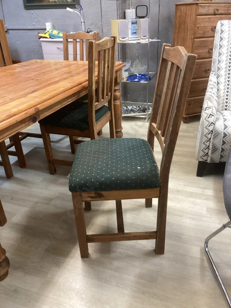 Rustic Pine Dining Table, H76 W180 D100cm, With 6 Green Fabric Upholstered Dining Chairs Image 1++