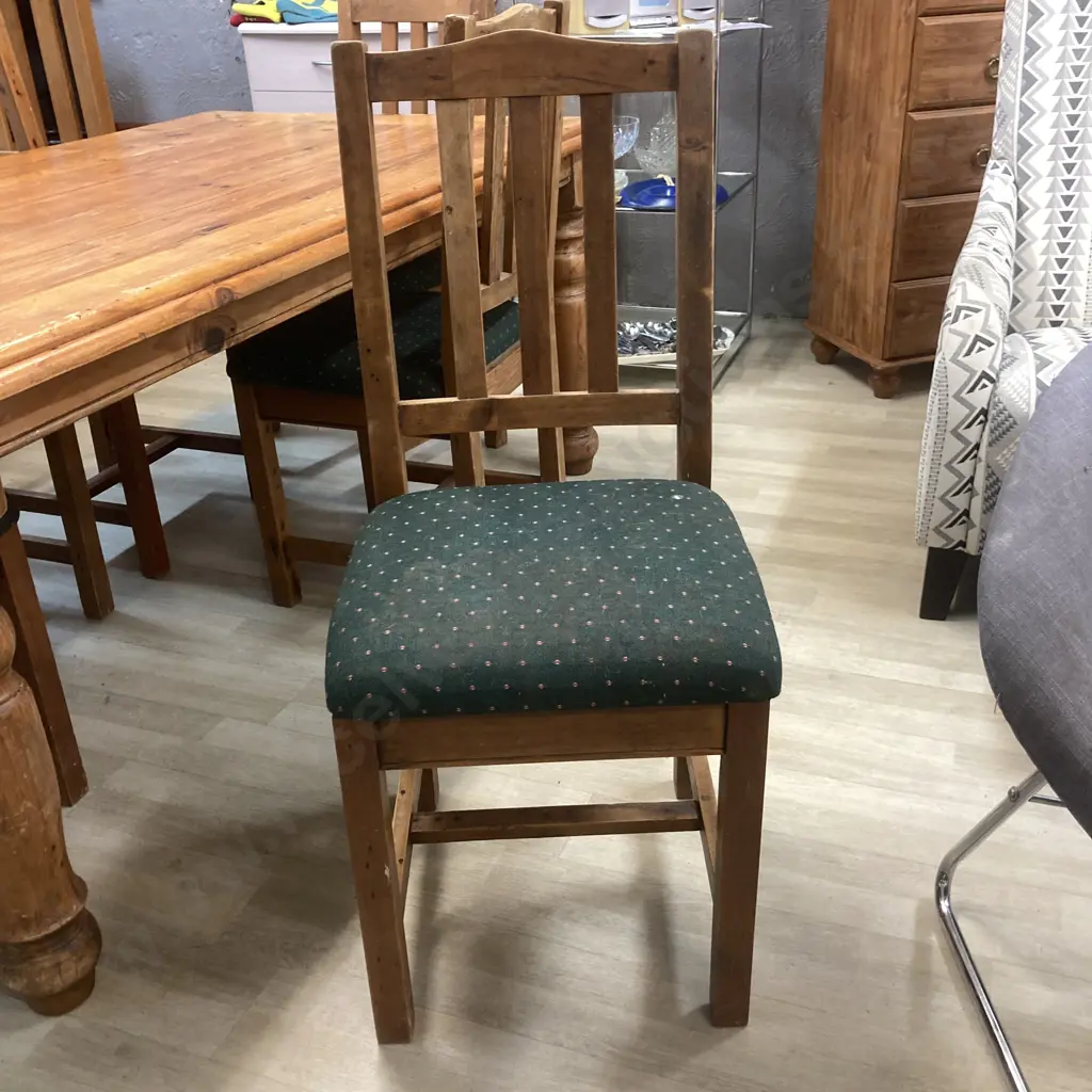 Rustic Pine Dining Table, H76 W180 D100cm, With 6 Green Fabric Upholstered Dining Chairs Image 1++