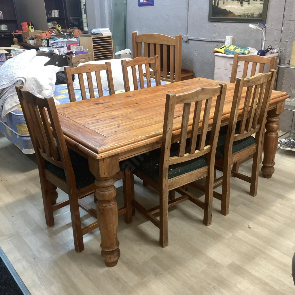 Rustic Pine Dining Table, H76 W180 D100cm, With 6 Green Fabric Upholstered Dining Chairs Image 1++