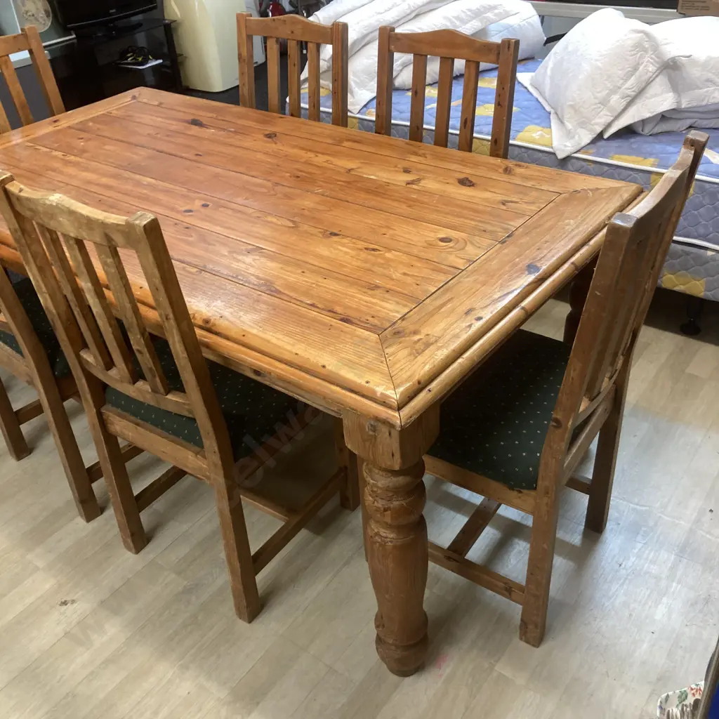 Rustic Pine Dining Table, H76 W180 D100cm, With 6 Green Fabric Upholstered Dining Chairs Image 1++